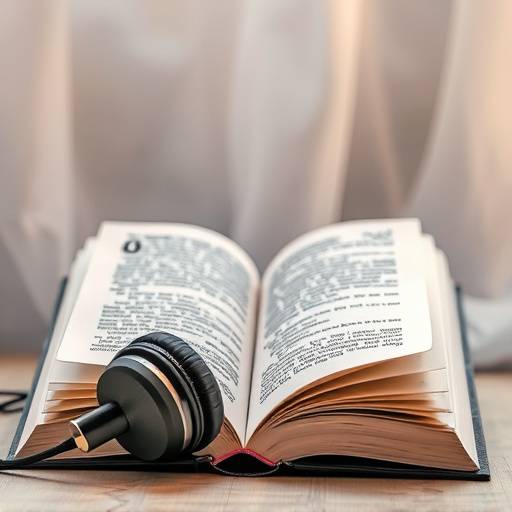 Imagem de um livro aberto com um fone de ouvido ao lado, ilustrando o serviäo de audiobook